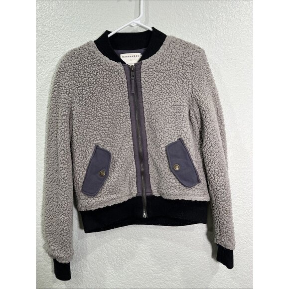 Marrakech Bomber Jacket Womens XS Gray Black Crop Sherpa Fleece Teddy Zip Up - Picture 1 of 8